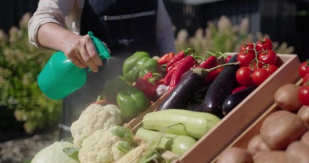 Seller Sprinkles Vegetables Counter Water Trade Farmers Market — Stock Video