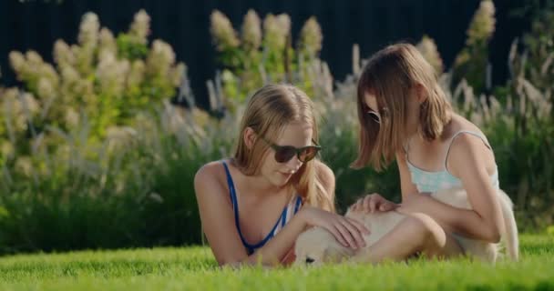 Crianças Brincam Com Cachorro Quintal Casa Sentado Gramado Verde — Vídeo de Stock