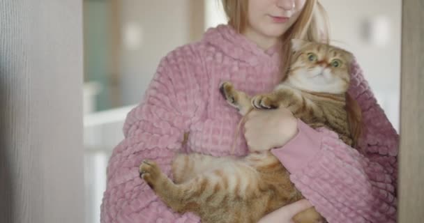 Girl Enters Room Holds Cute Red Cat Her Arms Smiles — Stock Video