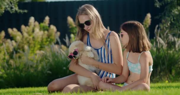 Çocuklar Evin Arka Bahçesinde Bir Köpek Yavrusuyla Oynuyorlar Yeşil Çimlerde — Stok video