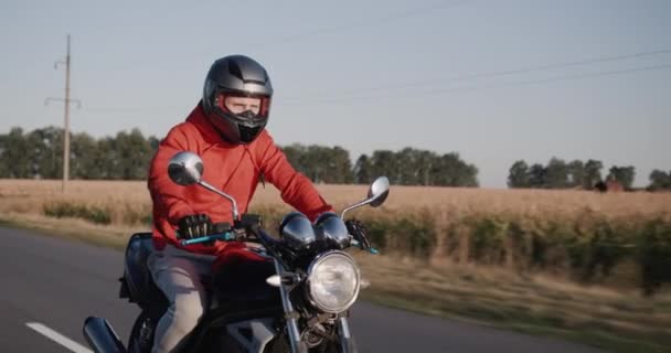 Young Man Rides Motorbike Corn Fields — Stok video