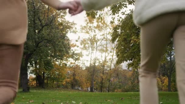 Мама Дочь Подросток Держатся Руки Бегают Осеннему Парку Хорошее Время Стоковое Видео