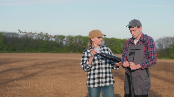 Два Фермера Саженцами Деревьев Общаются Большом Вспаханном Поле — стоковое видео