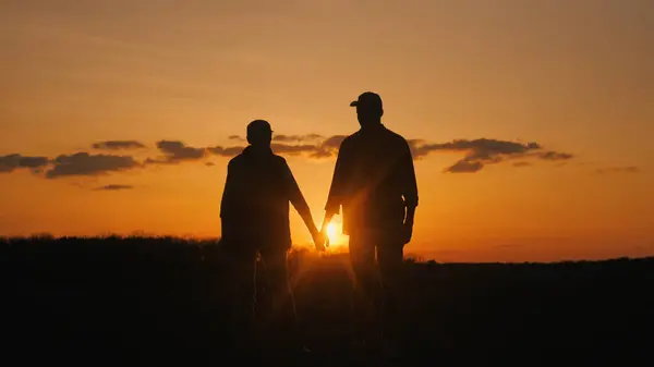 Two People Standing Hand Hand Grassy Field Beautiful Sunset Sky Stockfoto