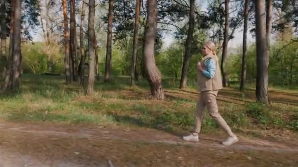 在风景如画的松林中漫步的是一位中年妇女 — 图库视频影像