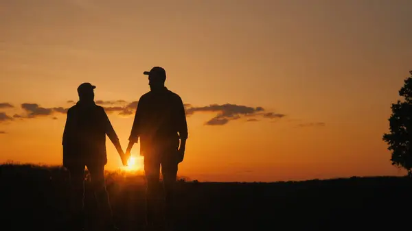 Holding Hands Couple Watches Sunset Grassy Field Stock Photo
