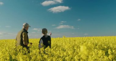 Çiçek açan bir kolza tohumu tarlasında, iki çiftçinin sıkı çalıştığı görülüyor.
