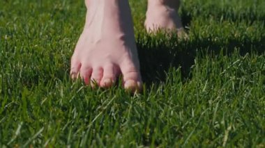 Bir kadının ayağının yumuşak dokunuşu yumuşak yeşil çimlerle birleşir, yumuşaklığını okşar yüksek kaliteli 4K görüntü.