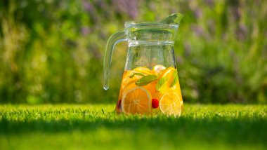 Limon, nane yaprağı ve ahududu dilimleri içeren ferahlatıcı limonata dolu cam sürahi arka bahçedeki yeşil çimlerin üzerine yerleştirilir. Parlak renkler.