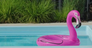 Havuzun su yüzeyinde yüzen flamingo şeklinde şişme bir havuz. Açık mavi suyla şamandıranın parlak ve canlı renkleri, eğlenceli ve rahatlatıcı bir...