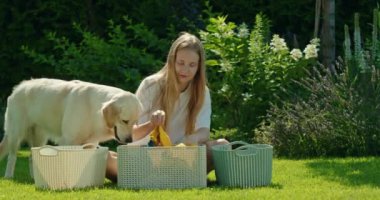 Arka bahçede, genç bir kız çamaşırları sıralamakla meşgul ve neşeli bir Golden Retriever ona eğlenceli bir şekilde yardım etmeye çalışıyor. Kız köpek maskaralığına gülümsüyor, eğlenceli ve neşeli bir atmosfer yaratıyor.