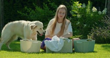 Arka bahçede, genç bir kız, neşeli bir Golden Retriever ona yardımcı olmaya çalışırken, eğlenceli ve neşeli bir atmosfer yaratmakla meşgul. Kız kahkahaları ve köpek maskaralıkları ekliyor