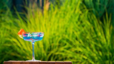 Çilek dilimi ve limon dilimiyle süslenmiş bir bardak mavi kokteyl ahşap bir masada duruyor. Arka plandaki berrak havuz ve yemyeşil yeşillik canlandırıcı ve canlı hissi arttırır.