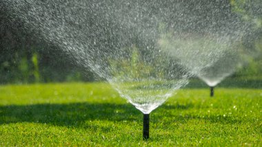 Parlak güneşli bir günde yemyeşil bir çimenliğin üzerine ince su damlacıkları püskürten birkaç otomatik fıskiyeler çalışıyor. Su damlacıkları güneş ışığında parlıyor, ferahlatıcı ve canlı bir enerji yaratıyor.