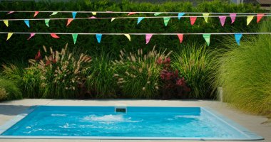 A refreshing blue pool is the focal point of this outdoor setting, framed by lush green plants and ornamental grasses. Above the pool, colorful flags are strung across, adding a festive and lively clipart