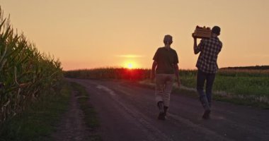 İki çiftçi, taze sebzelerle dolu ahşap bir sandık taşıyan bir adam ve yanında yürüyen bir kadınla mısır tarlalarının kenarında yürüyor. Batan güneş sahnenin üzerine ılık bir parıltı saçar.