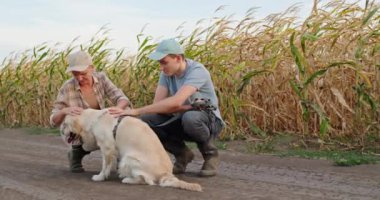 Orta yaşlı bir kadın çiftçi ve yetişkin oğlu bir mısır tarlasının yanında oturup dikkatle Golden Retriever 'larını izliyorlar. Üçlü dışarıda sakin bir anın tadını çıkarıyor, doğal güzelliklerle çevrili.