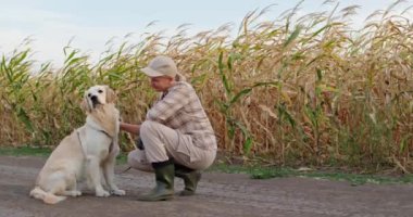 Bir kadın çiftçi mısır tarlasının önünde oturuyor ve nazikçe Golden Retriever 'ını okşuyor. Mısır olgunlaştı ve hasat zamanı geldi. Çiftçi ile sadık köpeği arasındaki yakın bağı simgeliyor.