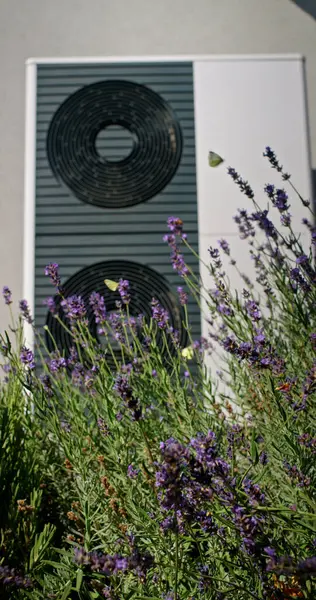 stock image Outdoor heat pump unit with lavender plants in the foreground, surrounded by butterflies. 