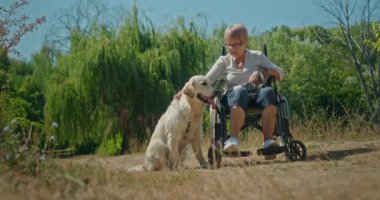 Tekerlekli sandalyede oturan yaşlı bir kadın, yanında Golden Retriever 'ıyla parkta sakin bir yürüyüş yapıyor. Sadık köpek, güçlü dostluklarını yansıtmak için yakında kalır. Etrafı yemyeşil.