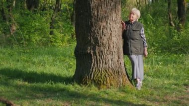 Bir portre, ormanda yürürken büyük bir ağacın gövdesine yaslanan yaşlı bir kadını tasvir ediyor.