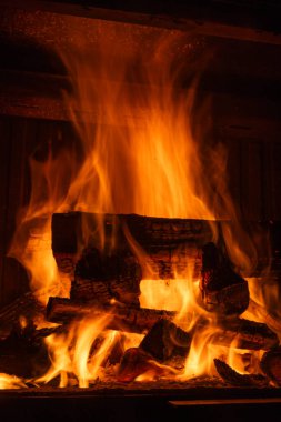 A detailed shot of logs burning in a fireplace, with bright flames and glowing embers radiating warmth. The flickering firelight creates a cozy and serene atmosphere. High quality photo clipart