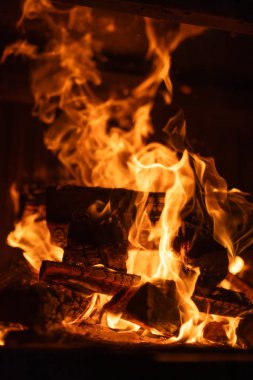 Şöminenin içinde kükreyen bir ateşin yakın çekimi. Parlak turuncu ve sarı alevler ahşap kütüklerin etrafında dans ederek sıcak ve samimi bir atmosfer yaratıyor. Kış ya da tatil teması için mükemmel. Yüksek kalite fotoğraf