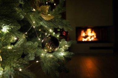 Arka planda parlayan bir şömine ile aydınlatılmış, boyalı bir ağacın yer aldığı bir Noel ağacı dalının yakın çekimi. Yüksek kalite fotoğraf