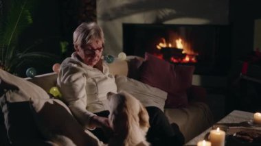 Yaşlı bir kadın şöminenin yanında rahat bir şekilde oturur, sadık köpeğiyle rahat ve huzurlu bir oturma odasında huzurlu bir akşam geçirir. Yüksek kalite 4k görüntü