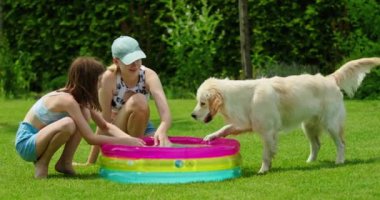 Güneşli bir yaz gününde, yemyeşil bir bahçede, küçük şişme bir havuzun yanında Golden Retriever ile oynayan iki genç kız. Yüksek kalite 4k görüntü