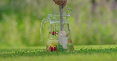 Serinletici su dolu cam sürahi ahududu, limon dilimleri ve açık hava ortamında yemyeşil çimlerin üzerinde duran nane yapraklarıyla dolu. Yüksek kalite 4k görüntü