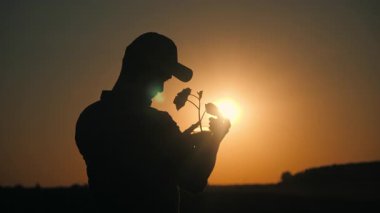 Günbatımında genç bir bitkiyi inceleyen çiftçi, akşam gökyüzünün sıcak parıltısına karşı silueti ile büyümeyi ve sürdürülebilirliği sembolize ediyor. Yüksek kalite 4k görüntü