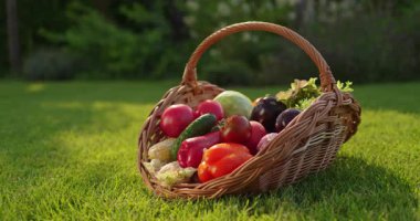 Domatesler, salatalıklar, dolgun biberler ve patlıcanlar da dahil olmak üzere taze sebzelerle dolu bir hasır sepet, sıcak akşam güneşi ışığıyla aydınlatılmış yemyeşil çimlerin üzerinde yer alır. Yüksek kalite 4k görüntü