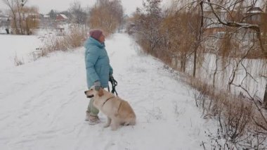 Mavi kışlık ceketli ve pembe bereli yaşlı bir kadın donmuş bir gölün kenarındaki karlı bir yolda Golden Retriever ile yürüyor. Yüksek kalite 4k görüntü