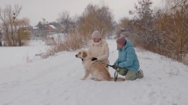 Kıdemli kadın ve yetişkin kızı, donmuş bir gölün kenarındaki karlı bir yolda Golden Retriever 'larıyla oynuyorlar ve kış havasının tadını çıkarıyorlar. Yüksek kalite 4k görüntü