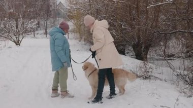 Kış yürüyüşü sırasında Golden Retriever ile kıdemli kadın ve yetişkin kızı temiz hava ve açık hava aktivitelerinin tadını çıkarıyorlar. Yüksek kalite 4k görüntü