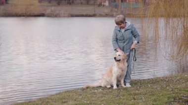Yaşlı bir kadın gölün kenarında dururken Golden Retriever 'ını nazikçe okşar. Köpek sakin bir şekilde çimenli sahilde oturup anın tadını çıkarıyor. Söğüt dalları suyun üzerinde asılı ve kırsal evler de...