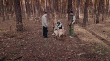 Yaşlı bir kadın, çam ormanındaki bir ağaç kütüğünde oturur ve iki yetişkin torunu yakınlarda dururken Golden Retriever 'ını okşar. Yüksek kalite 4k görüntü