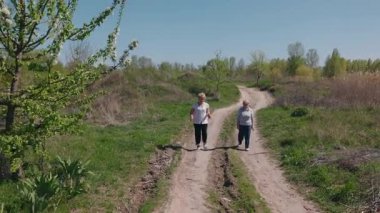 İki yaşlı kadın, parlak bir bahar gününde, biri bacağından sakatlandığı için dikkatle yürürken, kırsalda huzurlu bir yürüyüş yapıyorlar. Yüksek kalite 4k görüntü