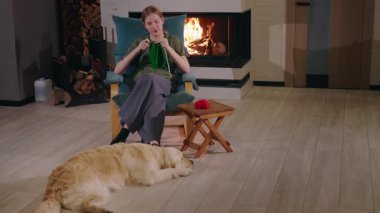 Şöminenin yanında örgü ören genç bir kız ve yanında da köpek dinleniyor. Yüksek kalite 4k görüntü