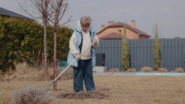 Son sınıf öğrencisi kadın güneşli bir günde arka bahçede çim biçiyor, baharın başında genç bir ağacın etrafını temizliyor. Yüksek kalite 4k görüntü