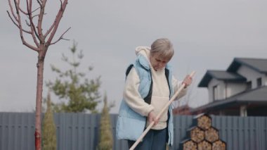 Yaşlı kadın arka bahçedeki genç ağacın yanında çimenleri tırmıklıyor. Bulutlu bir günde açık hava bahar bahçesi temizliği için sıcak giyinmiş. Yüksek kalite 4k görüntü