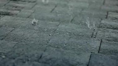 Şiddetli bir yağmur sırasında nemli yüzeyleri ve su akışını gösteren yumuşak zonklayan kiremitleri olan çatıya dağılmış dolu yağışları. Yüksek kalite 4k görüntü