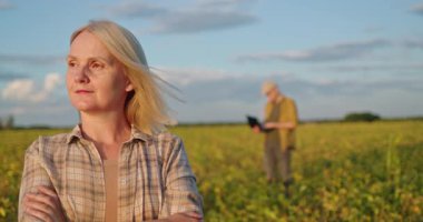 Erkek meslektaşım uzakta bir dizüstü bilgisayarla çalışırken gururlu bir kadın çiftçi soya fasulyesi tarlasında katlanmış kollarıyla ayakta duruyor. Yüksek kalite 4k görüntü