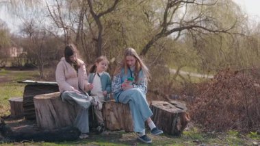 Kırsal alanda ağaç kütüklerinde oturan üç kız, biri neşeyle gülerken diğerleri telefona bakıyor ve yapraklarla oynuyor. Yüksek kalite 4k görüntü
