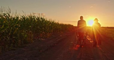 Gün batımında kırsal bir yolda yürüyen bir çift, mısır tarlasında çalıştıktan sonra bir kürek taşıyor ve el arabası itiyor. Yüksek kalite 4k görüntü