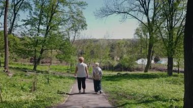 Güneşli bir bahar gününde iki yaşlı kadın kaldırımlı bir orman yolunda yürüyor, biri bacak ameliyatından sonra rehabilitasyonu sırasında yavaşça hareket ediyor. Yüksek kalite 4k görüntü