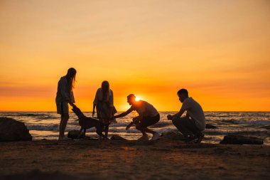 Gün batımında sahilde dört kişilik bir grup Alman boksör köpeğiyle kıyı şeridinde etkileşime geçerek huzurlu bir akşamın tadını çıkarıyor. Yüksek kalite fotoğraf