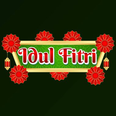Greeting of selamat hari raya idul fitri with mosque sign clipart