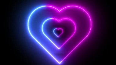 Siyah Arkaplan 'da izole edilmiş Pembe Neon Işık Efekti ile Animasyon Radyasyon Odaklı Atan Kalp Simgesi. Sevgililer Günü tasarım elementi. Parlayan neon kalp dinamik çizgileri